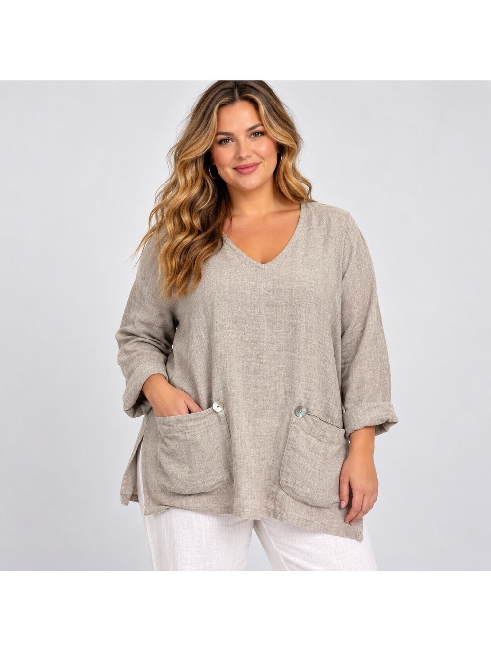 Coldwater Creek 2X 100% Linen Tunic Top Lagenlook Made USA Pockets Boho